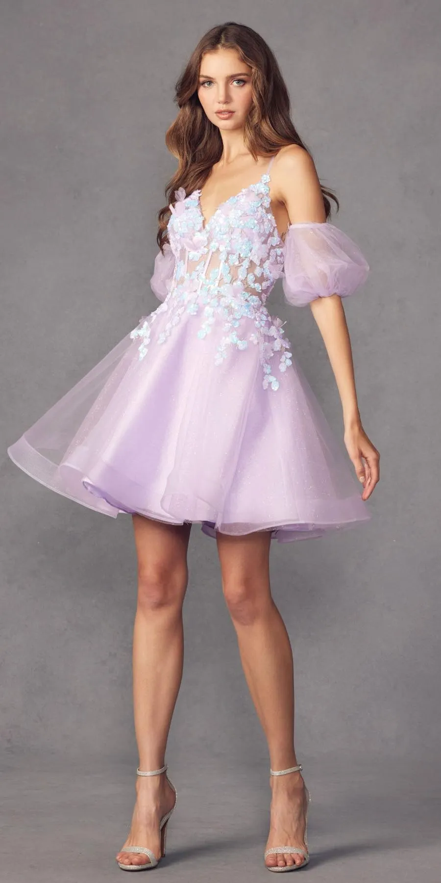 Juliet 901 Short Removable Puff Sleeves A-Line Glitter Tulle Dress