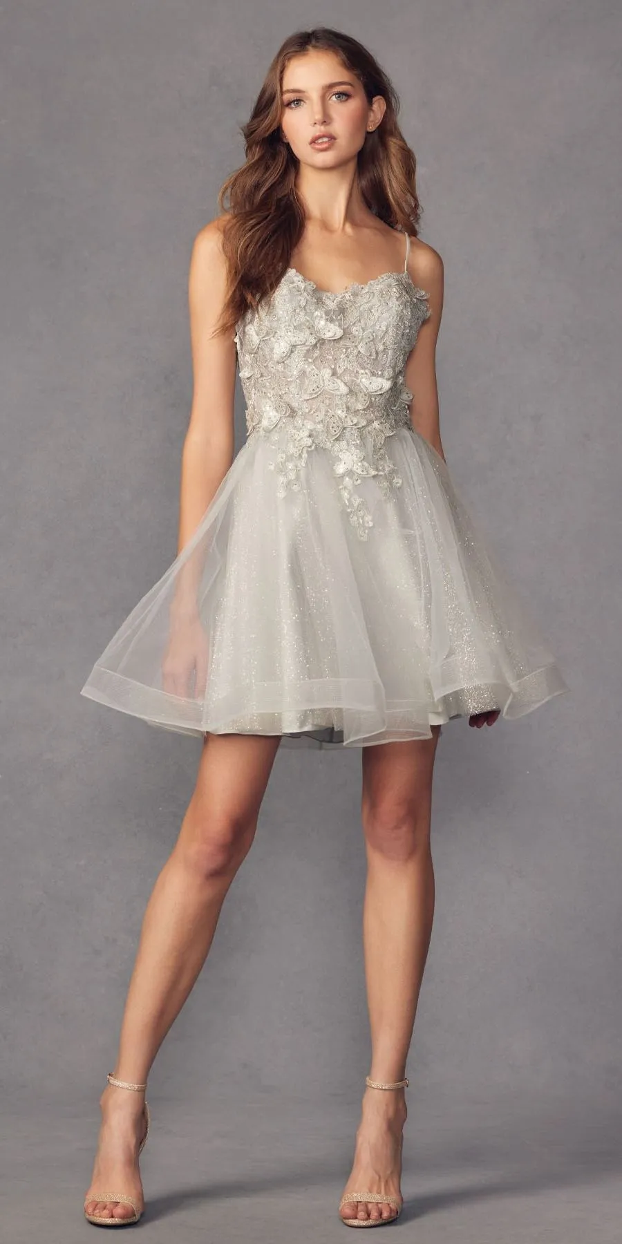 Juliet 902 Short A-Line 3D Butterfly Applique Layered Tulle Gown