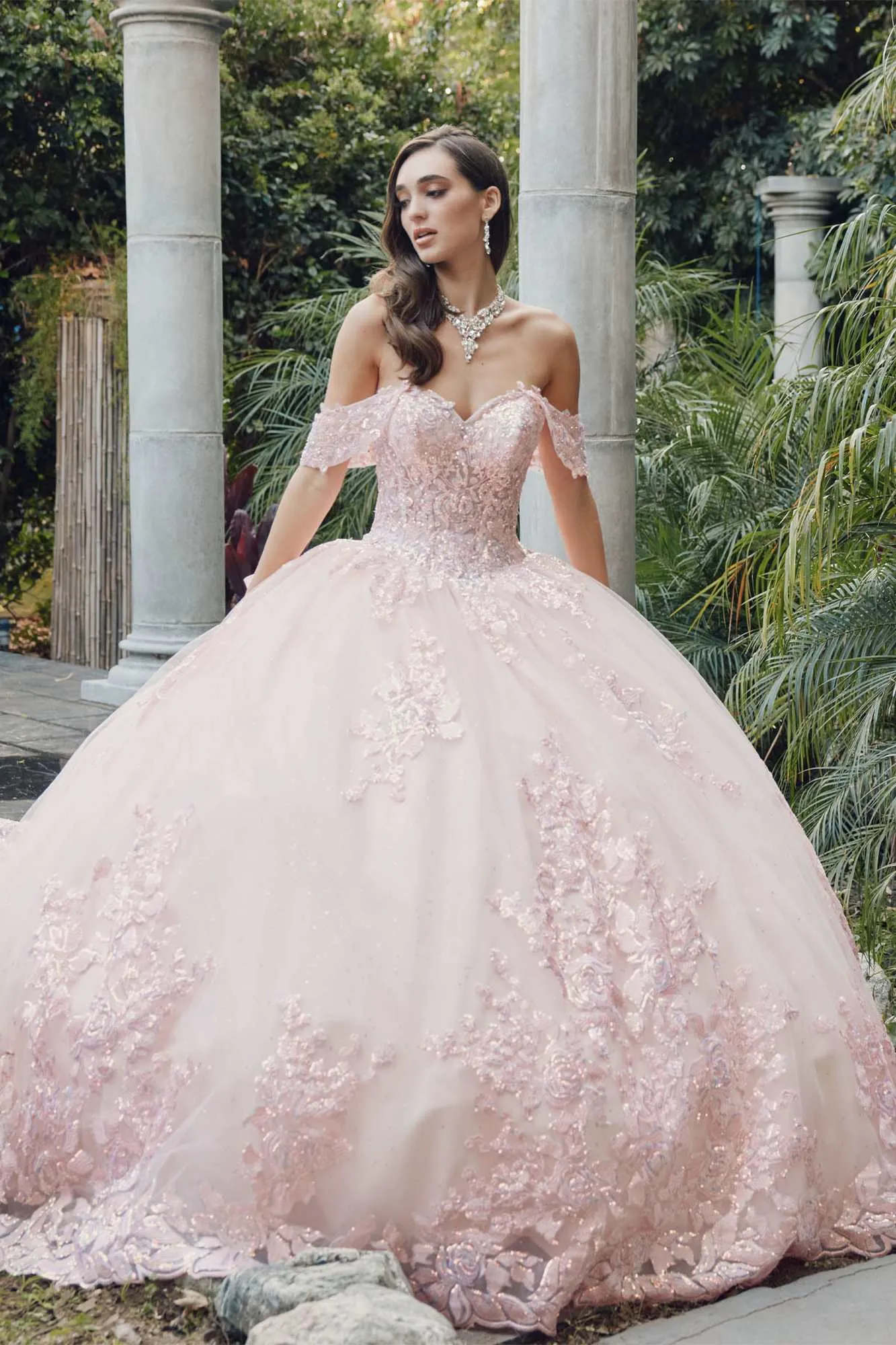 Juliet JT1458J Off the Shoulder Draped Sleeve Cathedral Train Quince Dress