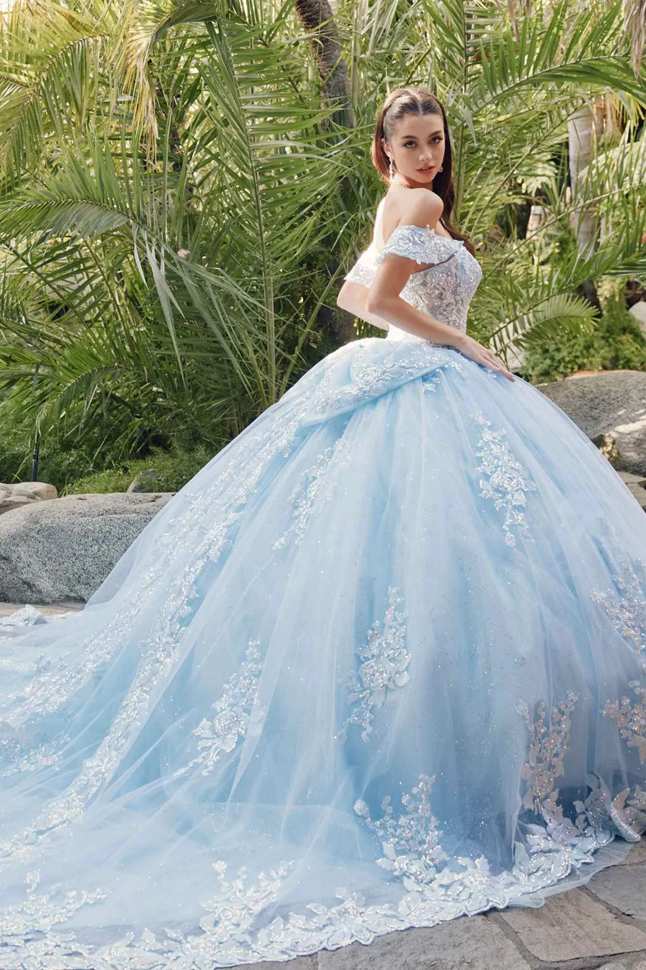 Juliet JT1458J Off the Shoulder Draped Sleeve Cathedral Train Quince Dress