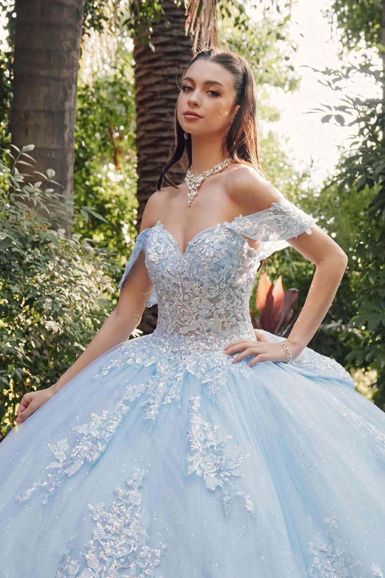 Juliet JT1458J Off the Shoulder Draped Sleeve Cathedral Train Quince Dress
