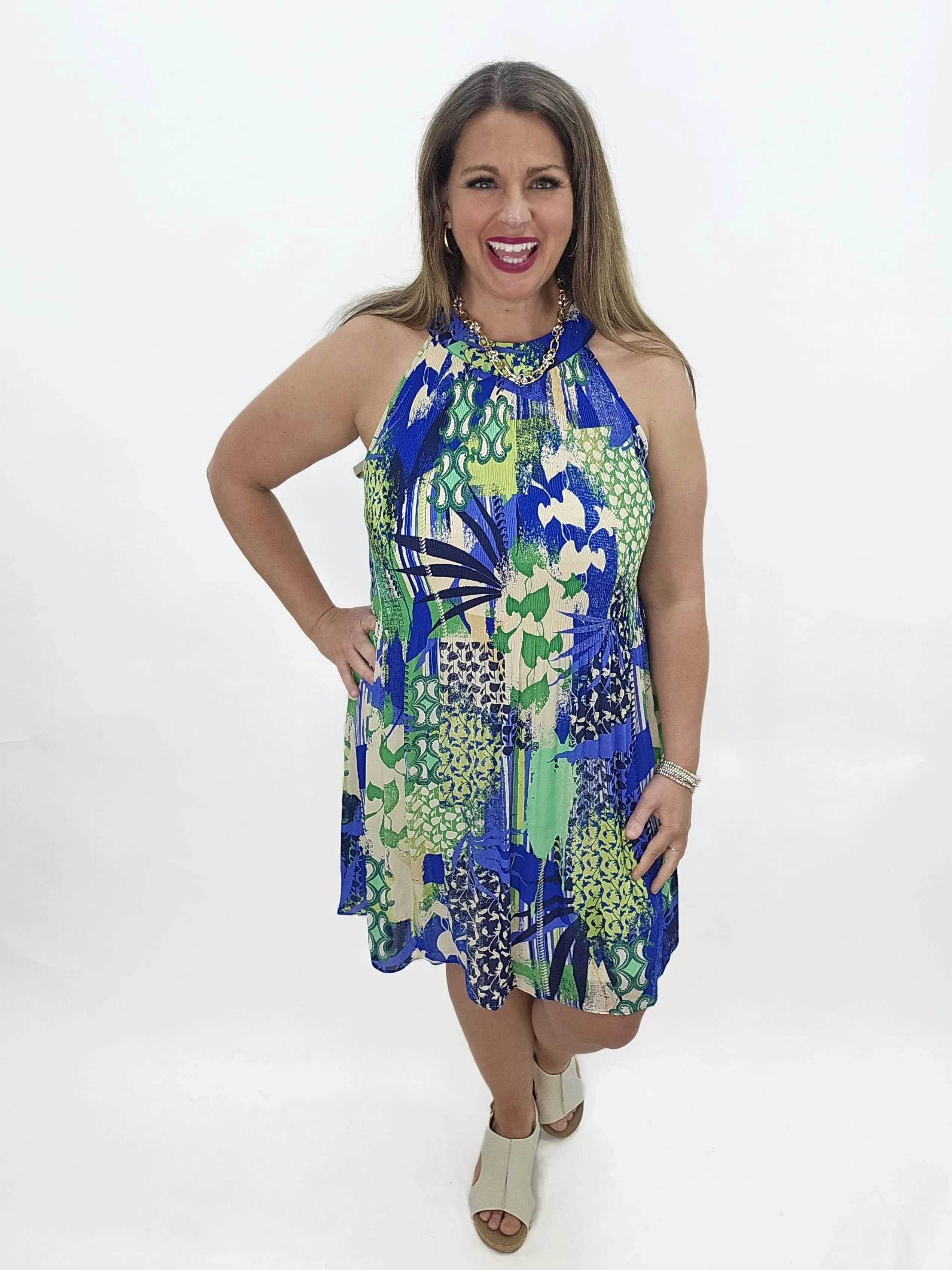 KAREN HART BLUE/GREEN PRINTED LOOSE SMOCK HALTER DRESS