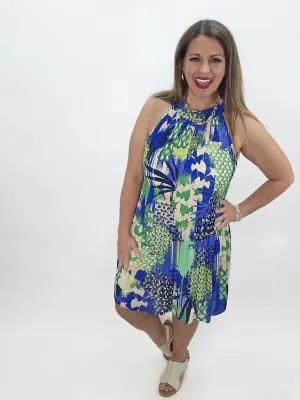 KAREN HART BLUE/GREEN PRINTED LOOSE SMOCK HALTER DRESS