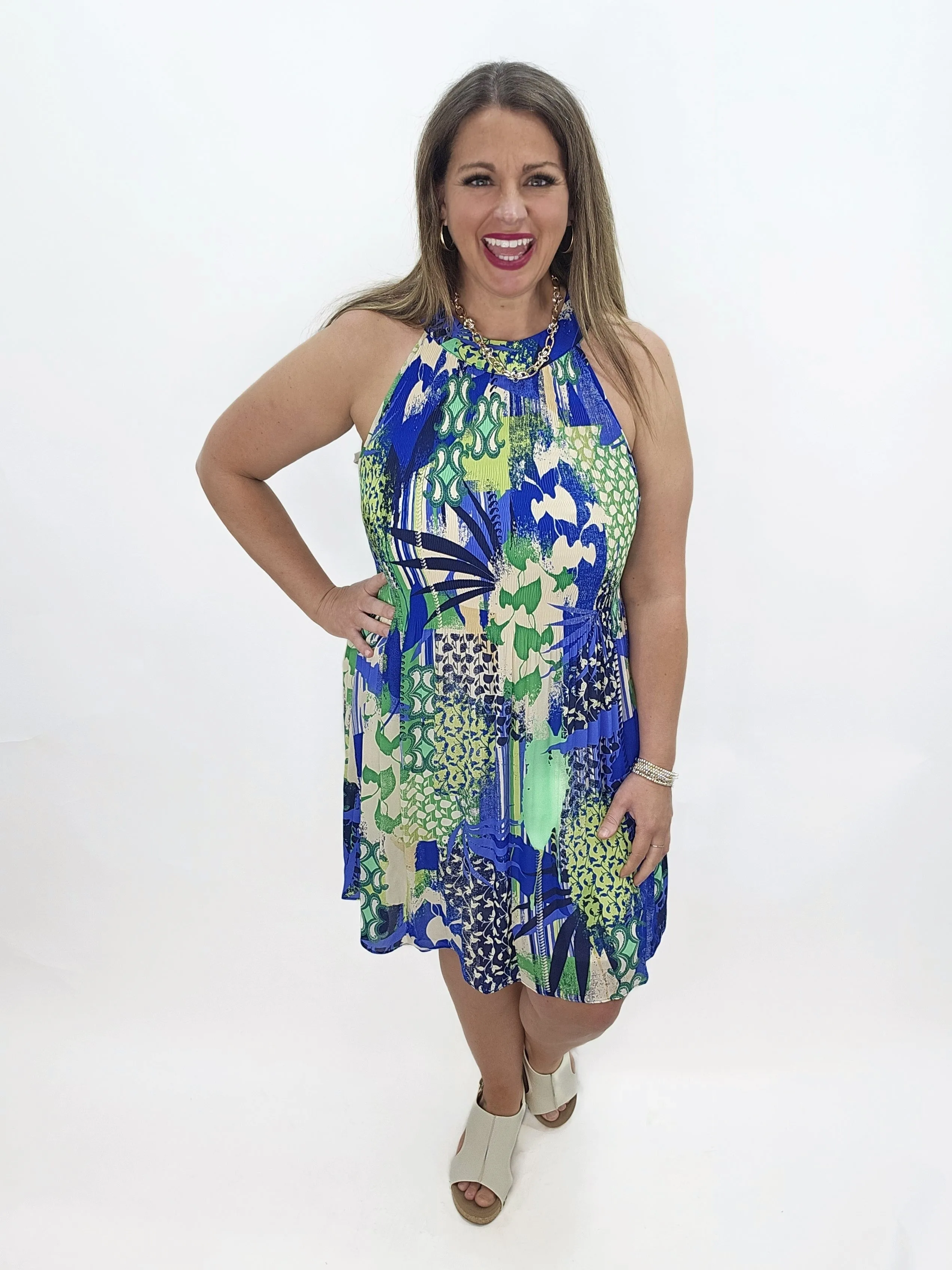 KAREN HART BLUE/GREEN PRINTED LOOSE SMOCK HALTER DRESS