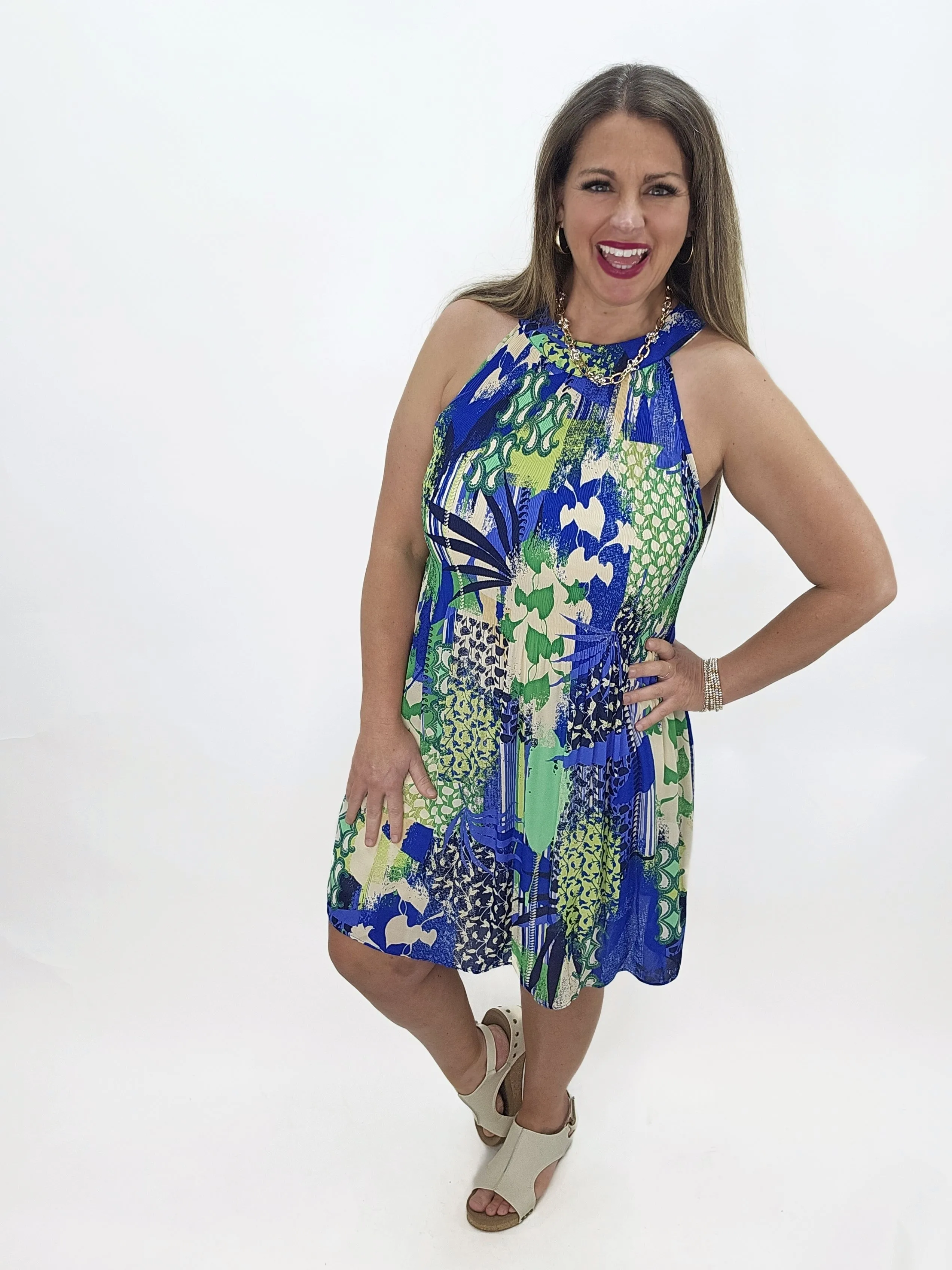 KAREN HART BLUE/GREEN PRINTED LOOSE SMOCK HALTER DRESS