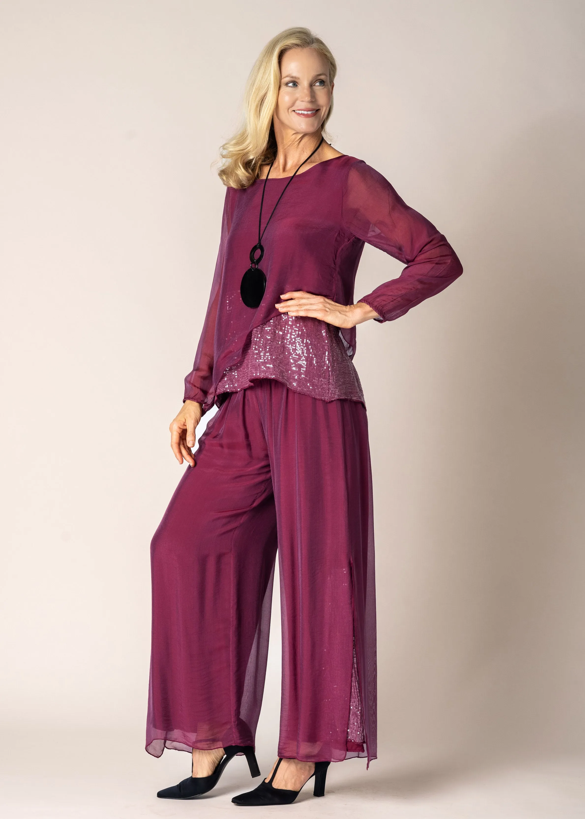 Karolina Silk Pants in Mulberry Wine