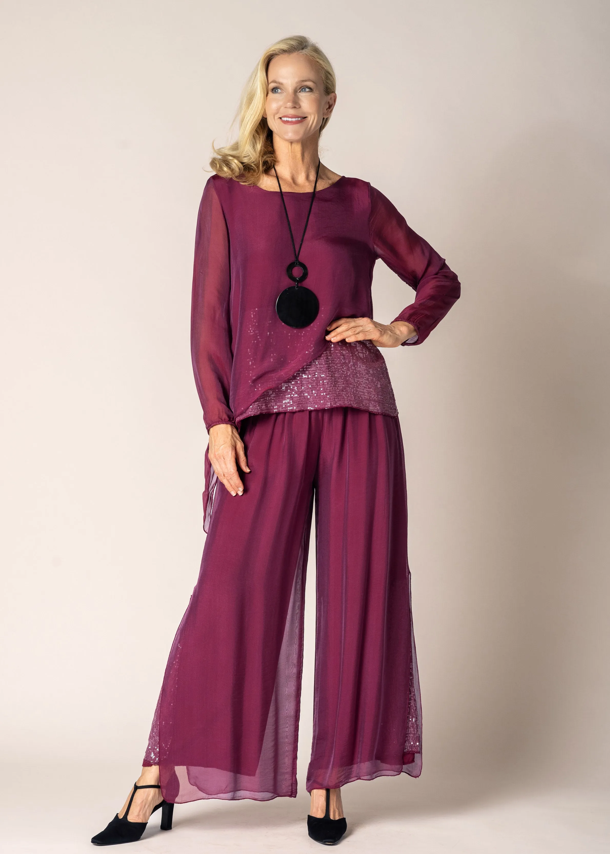 Karolina Silk Pants in Mulberry Wine