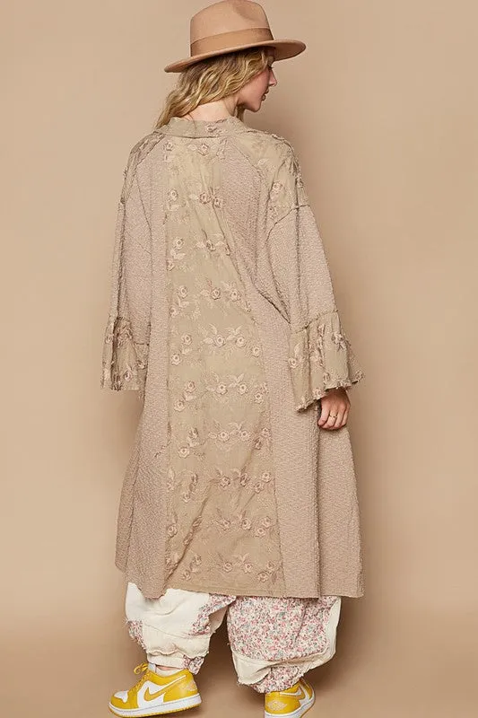 Khaki Flower Lace Trim Open Front Longline Cardigan