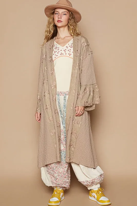 Khaki Flower Lace Trim Open Front Longline Cardigan