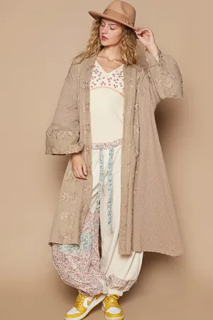 Khaki Flower Lace Trim Open Front Longline Cardigan