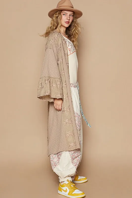 Khaki Flower Lace Trim Open Front Longline Cardigan