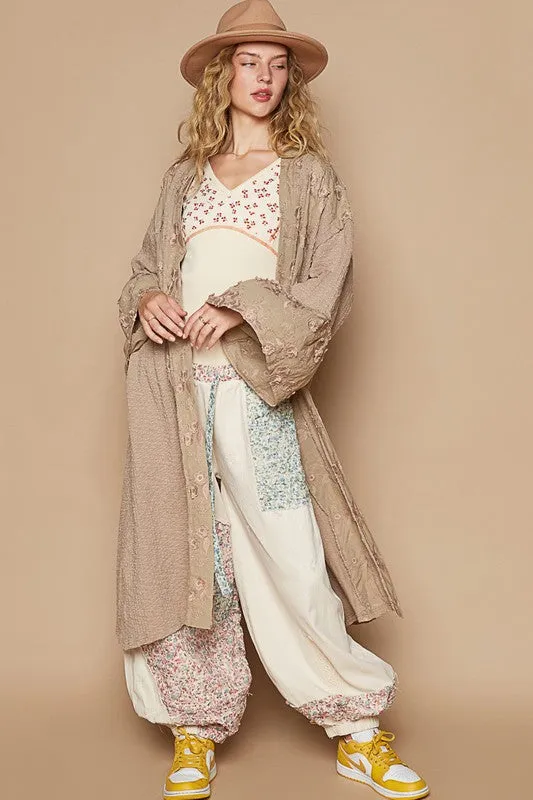 Khaki Flower Lace Trim Open Front Longline Cardigan