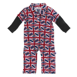 KicKee Pants Print Long Sleeve Double Layer Polo Romper--Union Jack