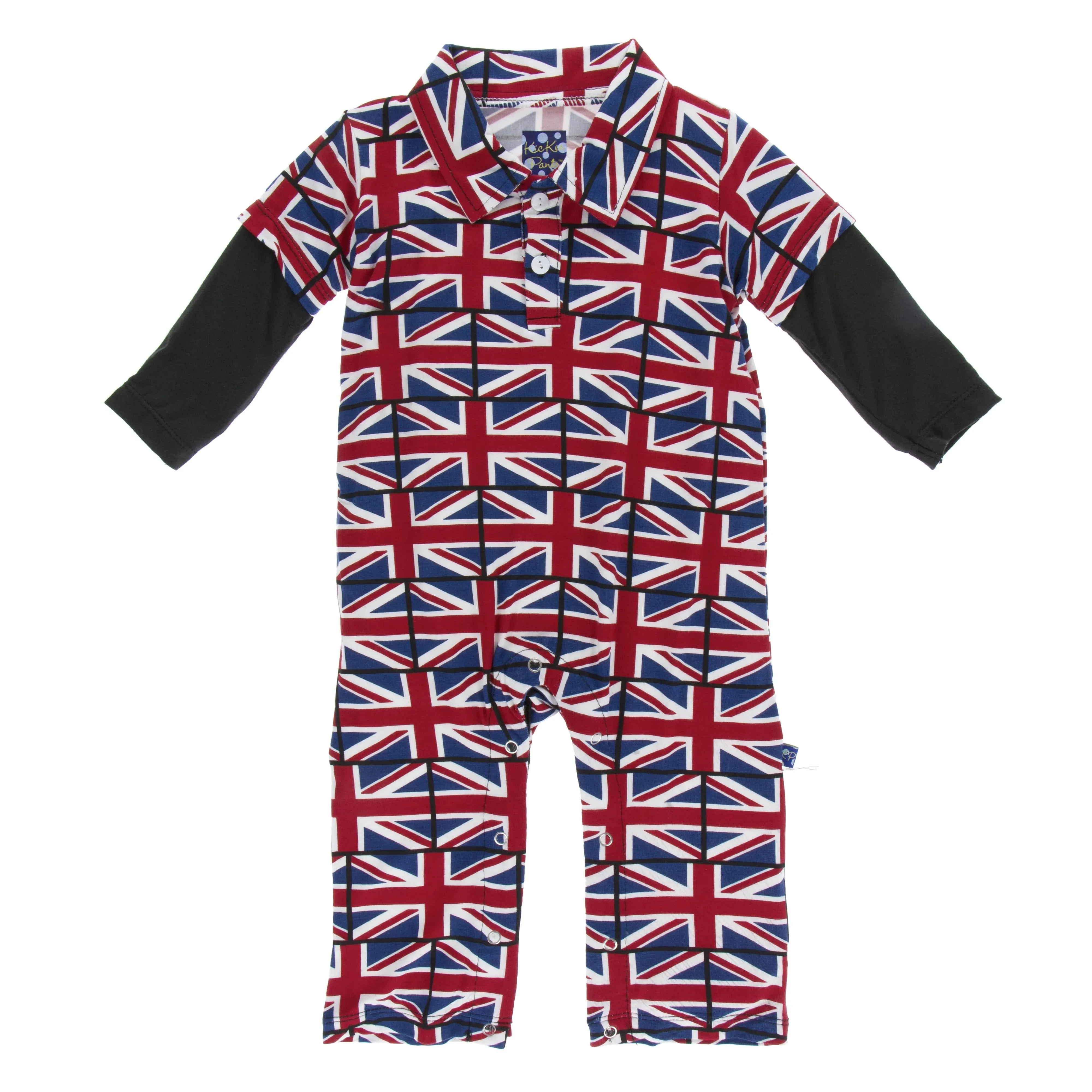 KicKee Pants Print Long Sleeve Double Layer Polo Romper--Union Jack