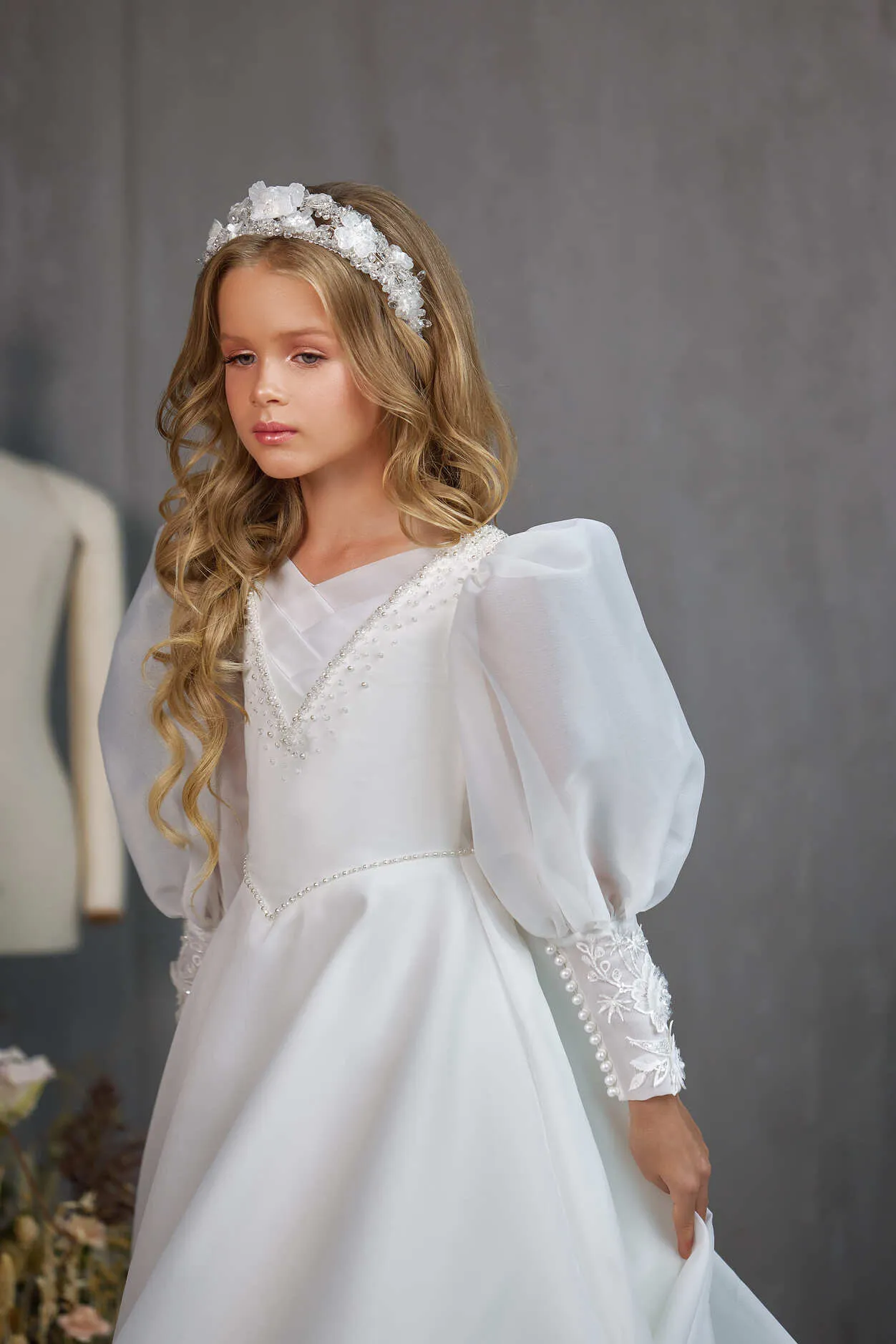 KINGSTON – ORGANZA PUFF SLEEVE COMMUNION GOWN WITH BEAD DETAIL