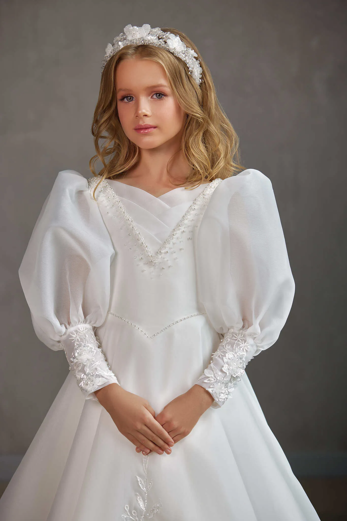 KINGSTON – ORGANZA PUFF SLEEVE COMMUNION GOWN WITH BEAD DETAIL