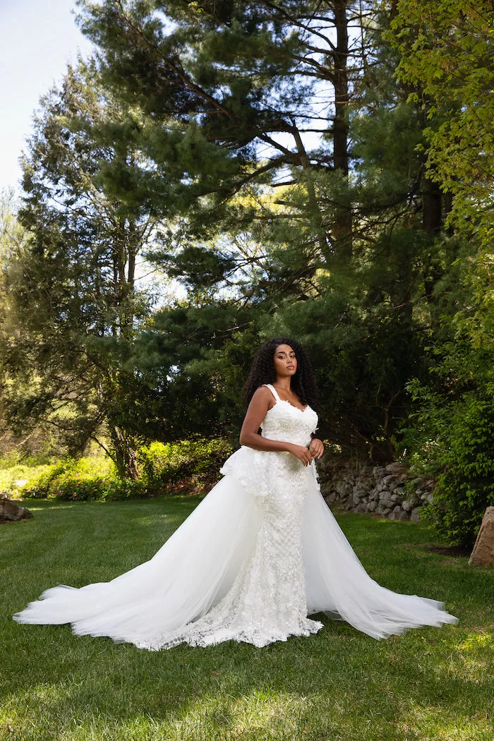 Lace Embroidered Column Gown with Peplum Tulle Overskirt