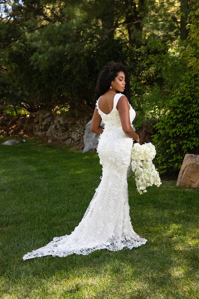 Lace Embroidered Column Gown with Peplum Tulle Overskirt