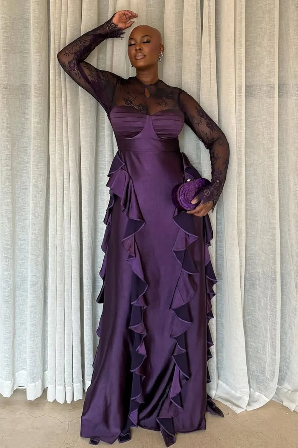 Lace Long Sleeve Patchwork Ruffle Party Maxi Dresses-Purple [Pre Order]