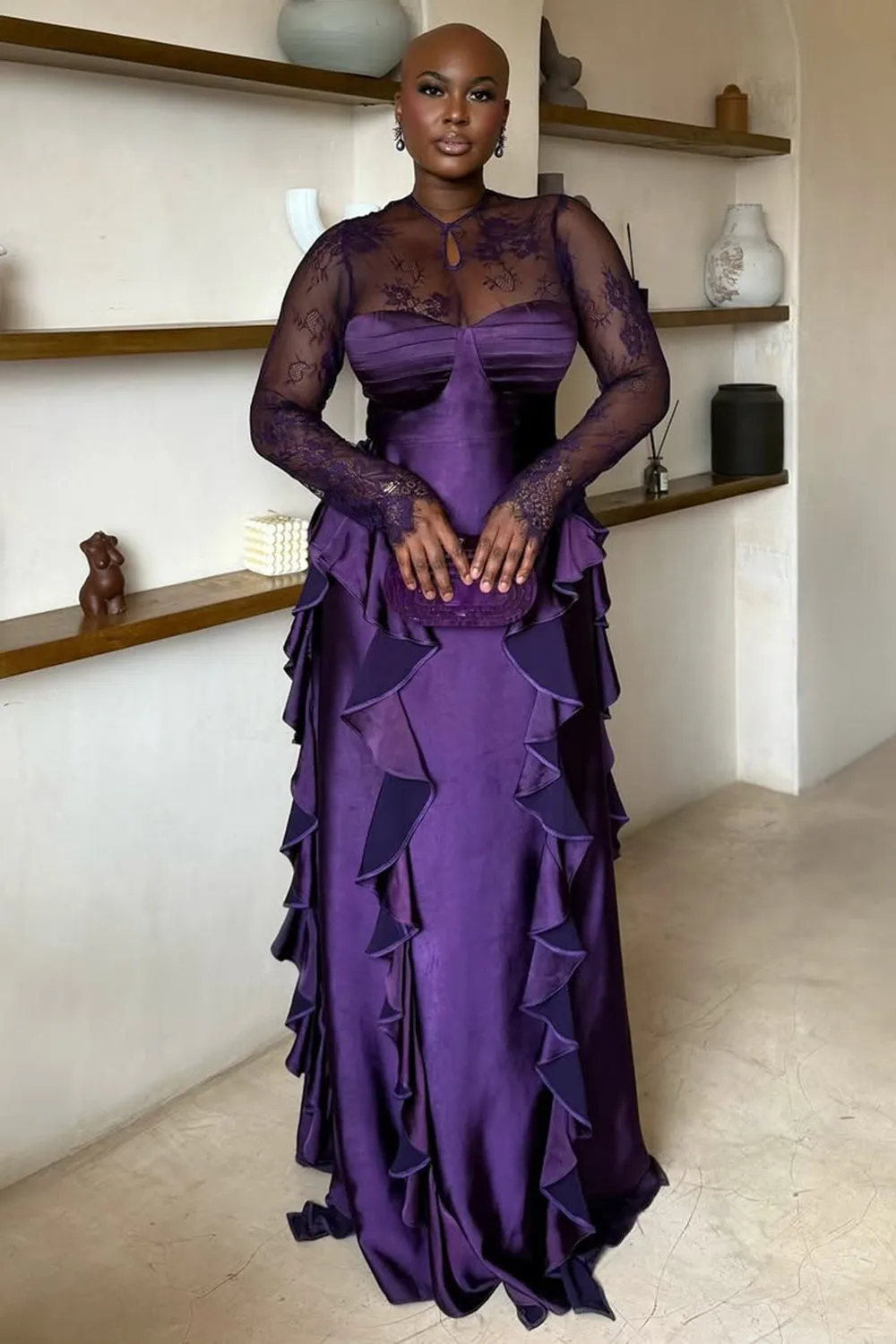 Lace Long Sleeve Patchwork Ruffle Party Maxi Dresses-Purple [Pre Order]