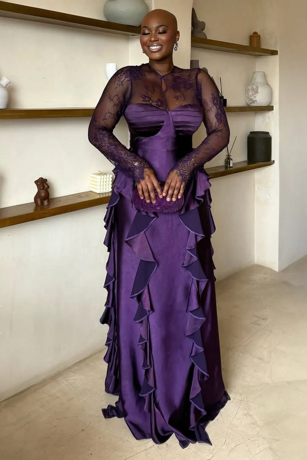 Lace Long Sleeve Patchwork Ruffle Party Maxi Dresses-Purple [Pre Order]