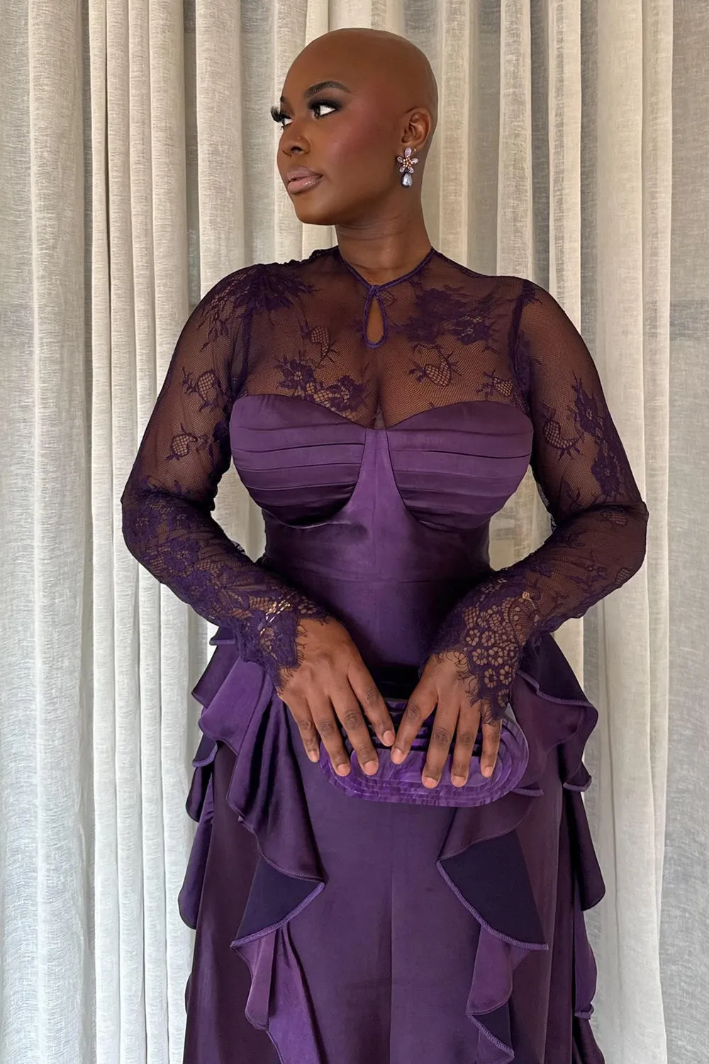 Lace Long Sleeve Patchwork Ruffle Party Maxi Dresses-Purple [Pre Order]