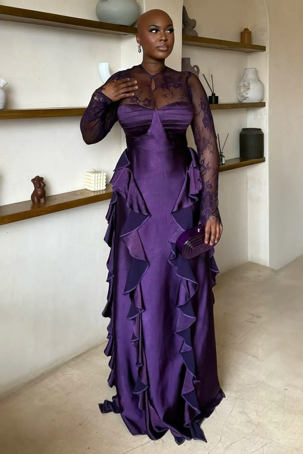 Lace Long Sleeve Patchwork Ruffle Party Maxi Dresses-Purple [Pre Order]