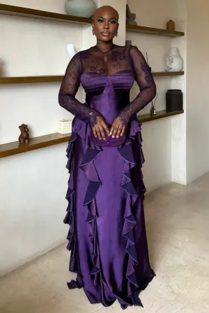 Lace Long Sleeve Patchwork Ruffle Party Maxi Dresses-Purple [Pre Order]