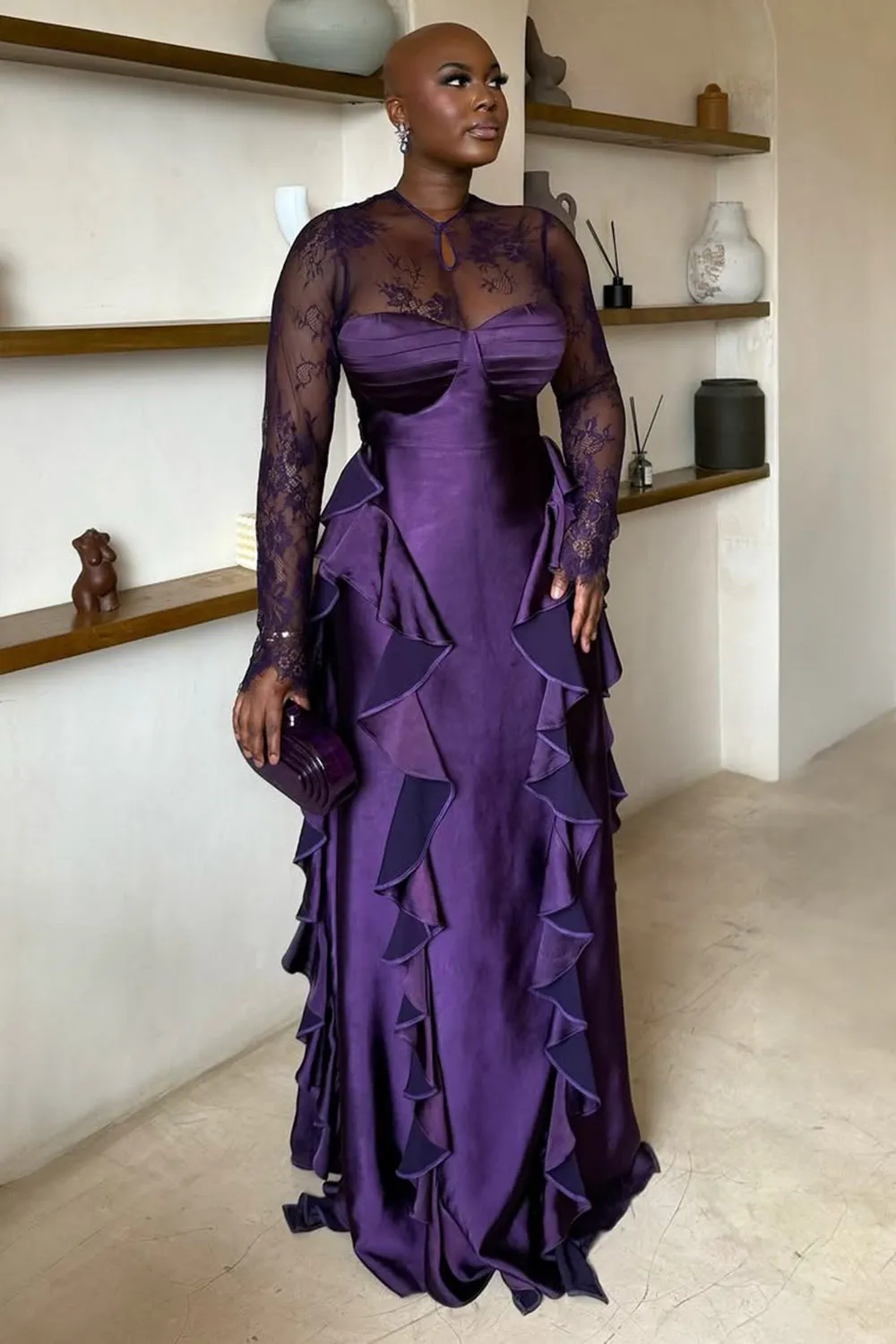 Lace Long Sleeve Patchwork Ruffle Party Maxi Dresses-Purple [Pre Order]
