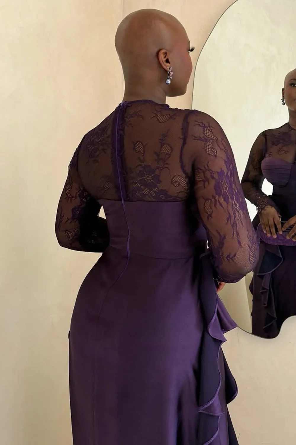 Lace Long Sleeve Patchwork Ruffle Party Maxi Dresses-Purple [Pre Order]