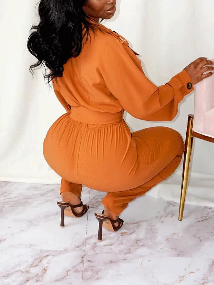Lace Up Solid Turndown Collar Jumpsuit