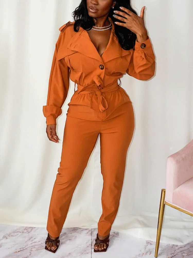 Lace Up Solid Turndown Collar Jumpsuit