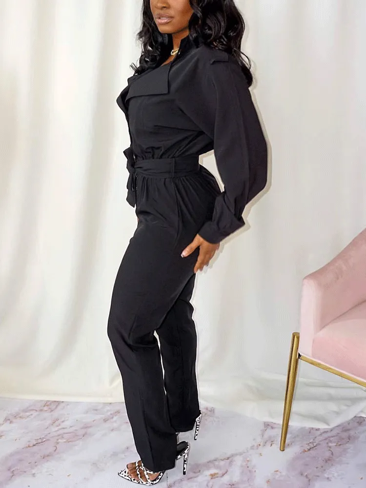 Lace Up Solid Turndown Collar Jumpsuit