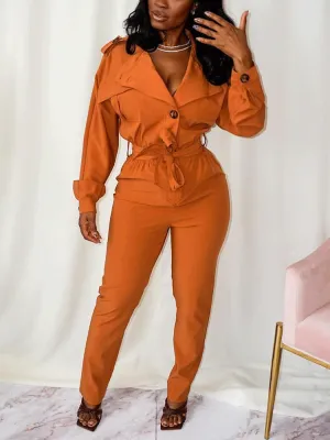 Lace Up Solid Turndown Collar Jumpsuit