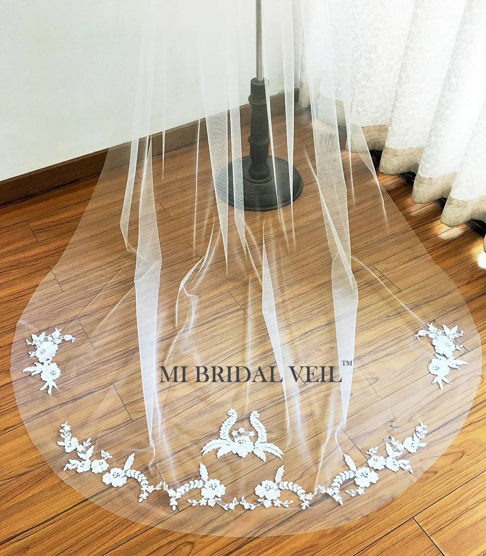 Lace Wedding Veil, Embroidered Lace Applique Chapel Lace Veil, Vintage Inspired Lace Bridal Veil, Mi Bridal