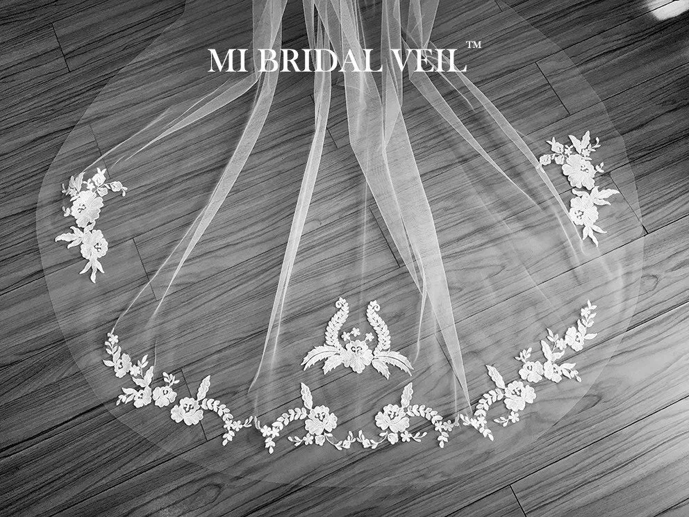 Lace Wedding Veil, Embroidered Lace Applique Chapel Lace Veil, Vintage Inspired Lace Bridal Veil, Mi Bridal