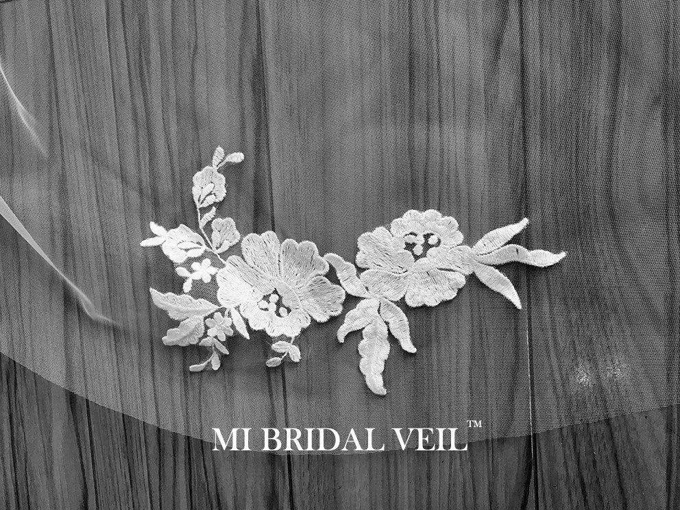 Lace Wedding Veil, Embroidered Lace Applique Chapel Lace Veil, Vintage Inspired Lace Bridal Veil, Mi Bridal