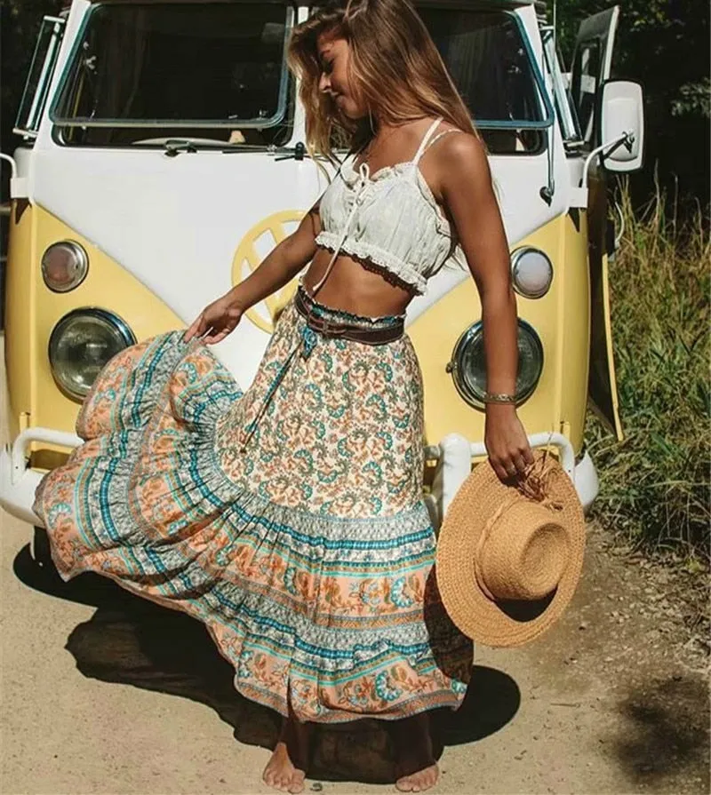 ladies Midi  A-Line Boho skirt Mid-Calf