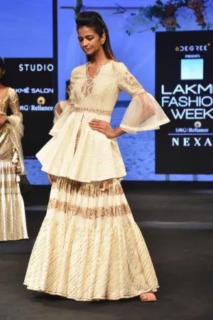 Lakme embroidered in hand & gold with peplum top & sharara set