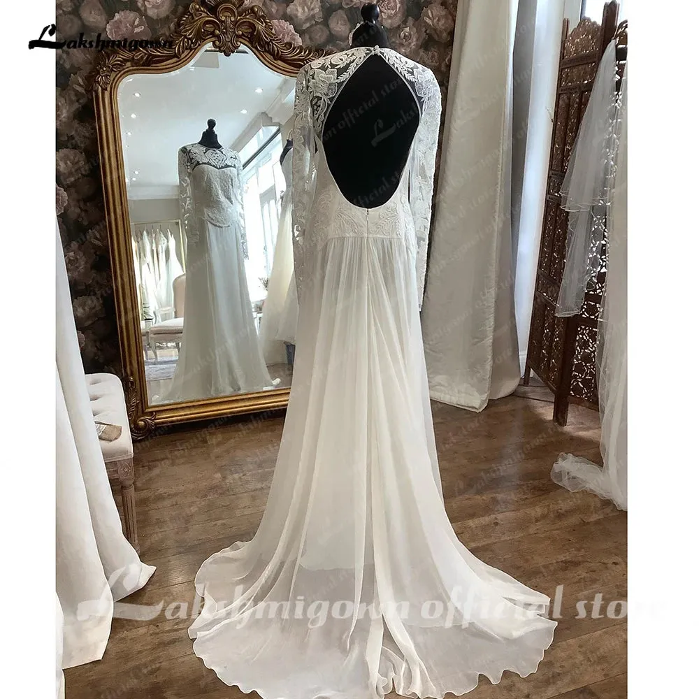 Lakshmigown Lace Chiffon Women Wedding Dress 2023 Long Sleeves Boho Robe Mariee Beach Wedding Gowns Backless abito da sposa