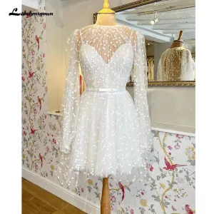 Lakshmigown Lace Short Wedding Dress With Detachable Jacket Dot Tulle Long Sleeves Bridal Gowns Robe De Mariage
