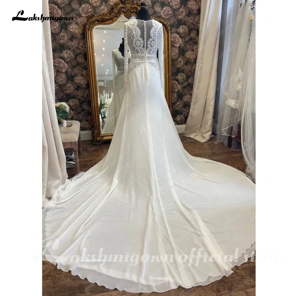 Lakshmigown Plunging Boho Lace Long Sleeve Wedding Gown with V Neck 2024 Robe Civil Bridal Dress  Custom Made Robe de marie