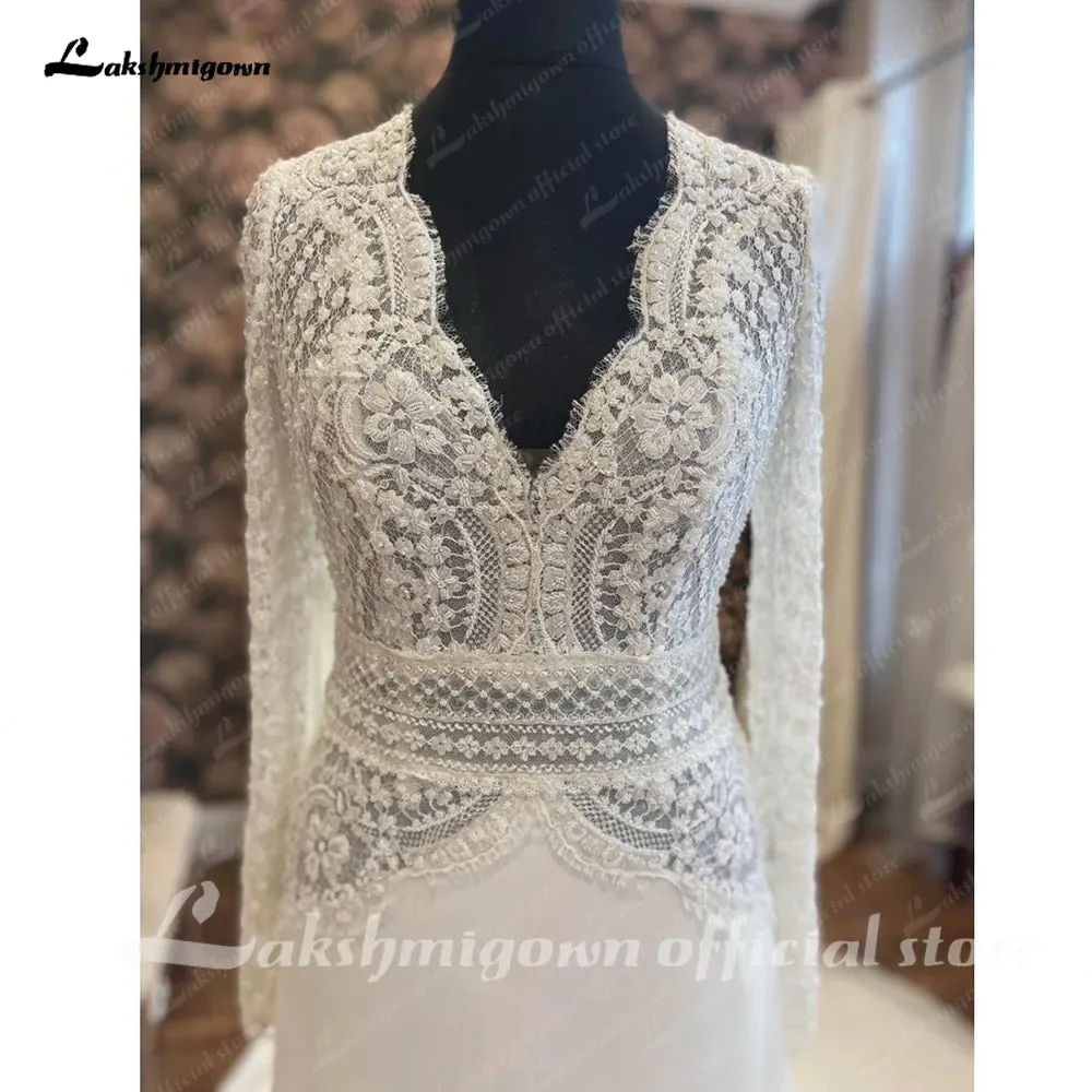 Lakshmigown Plunging Boho Lace Long Sleeve Wedding Gown with V Neck 2024 Robe Civil Bridal Dress  Custom Made Robe de marie