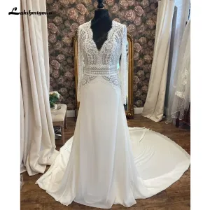 Lakshmigown Plunging Boho Lace Long Sleeve Wedding Gown with V Neck 2024 Robe Civil Bridal Dress  Custom Made Robe de marie