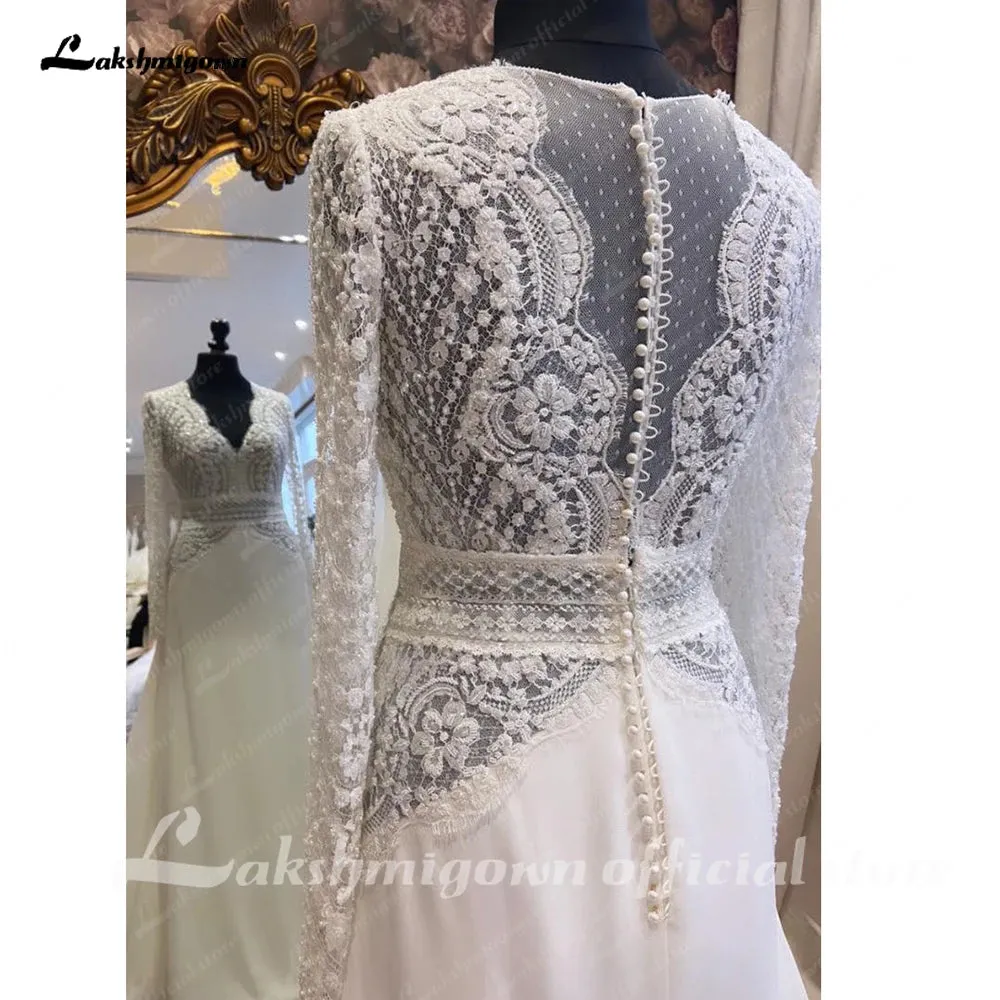 Lakshmigown Plunging Boho Lace Long Sleeve Wedding Gown with V Neck 2024 Robe Civil Bridal Dress  Custom Made Robe de marie