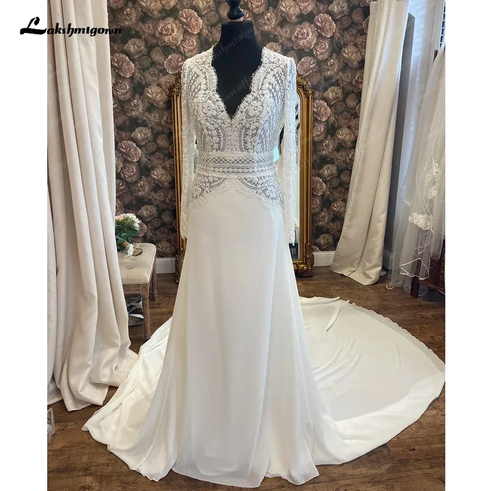 Lakshmigown Plunging Boho Lace Long Sleeve Wedding Gown with V Neck 2024 Robe Civil Bridal Dress  Custom Made Robe de marie