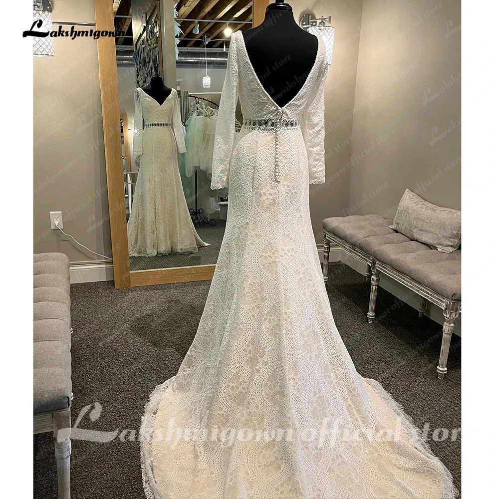 Lakshmigown Vintage Long Sleeve Lace Boho Civil Wedding Dress 2024 Bohemian Bridal Wedding Gown Custom Made Vestidos Novia