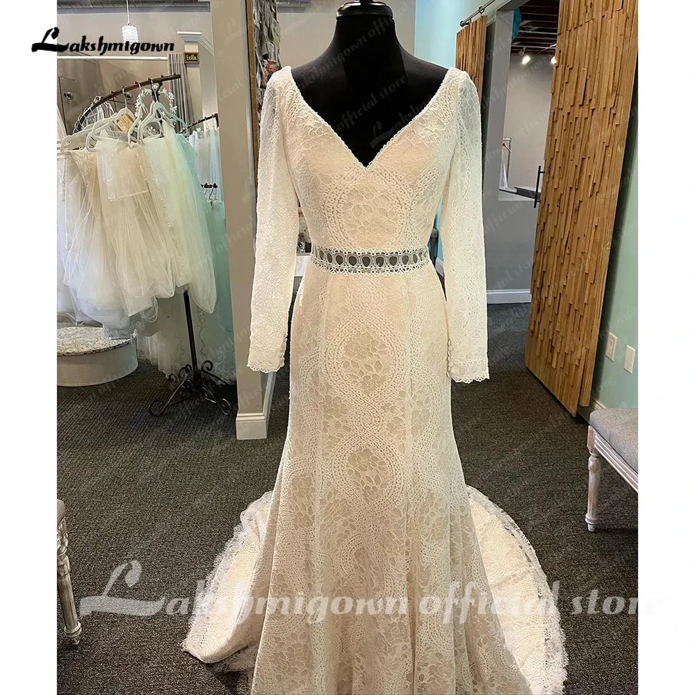 Lakshmigown Vintage Long Sleeve Lace Boho Civil Wedding Dress 2024 Bohemian Bridal Wedding Gown Custom Made Vestidos Novia