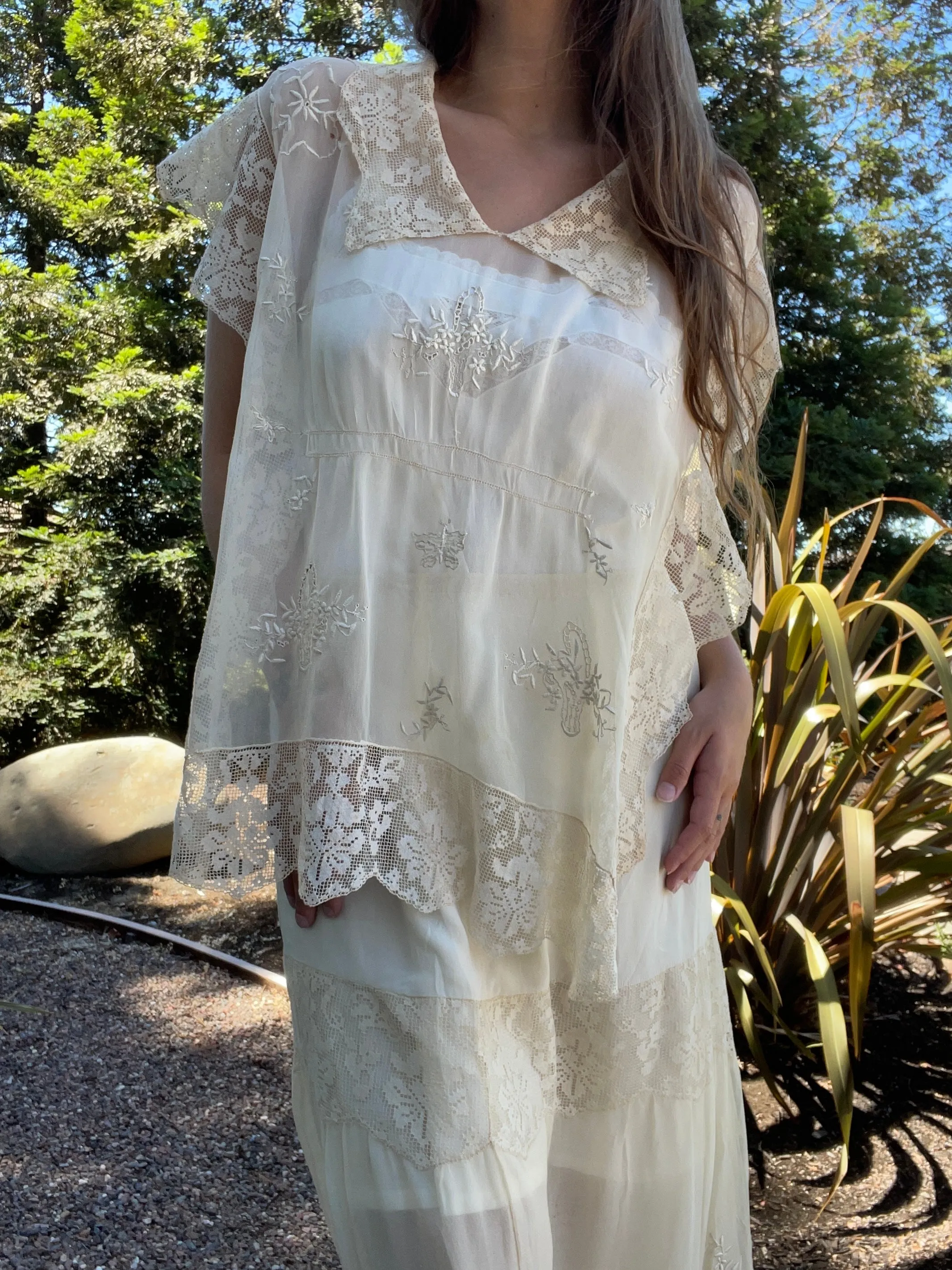 Late Edwardian Chiffon & Filet Lace Two Piece Dress