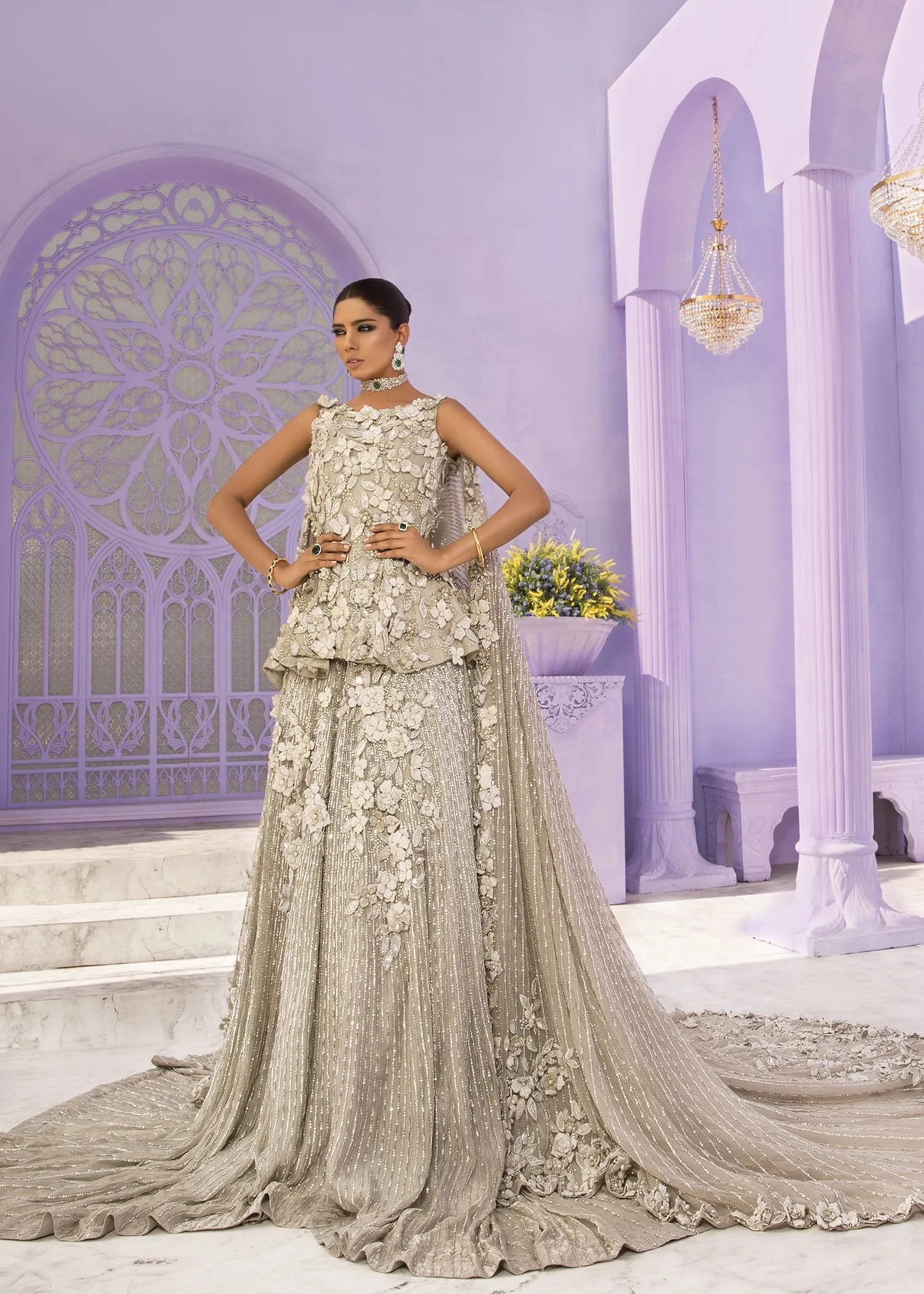 Latest Pakistani Embroidered bridal dress 2020 in silver color # B3466